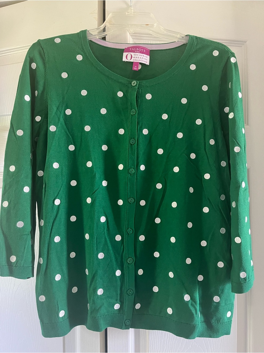 Talbots Oprah Collection Green Polka Dot Button-Front Cardigan, 3/4 Sleeves